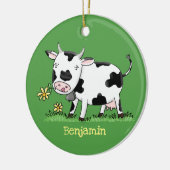 かわいい牛の緑のフィールド漫画イラストレーション セラミックオーナメント (左)