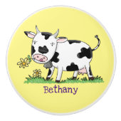 かわいい牛の緑のフィールド漫画イラストレーション セラミックノブ (正面)