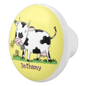 かわいい牛の緑のフィールド漫画イラストレーション セラミックノブ (右)