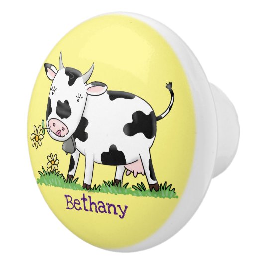 かわいい牛の緑のフィールド漫画イラストレーション セラミックノブ (右)