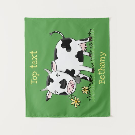 かわいい牛の緑のフィールド漫画イラストレーション タペストリー (正面)