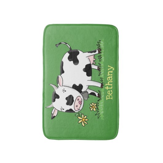 かわいい牛の緑のフィールド漫画イラストレーション バスマット (正面縦)