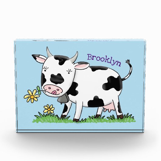 かわいい牛の緑のフィールド漫画イラストレーション フォトブロック (正面)