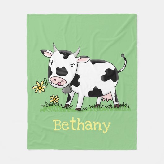 かわいい牛の緑のフィールド漫画イラストレーション フリースブランケット (正面)