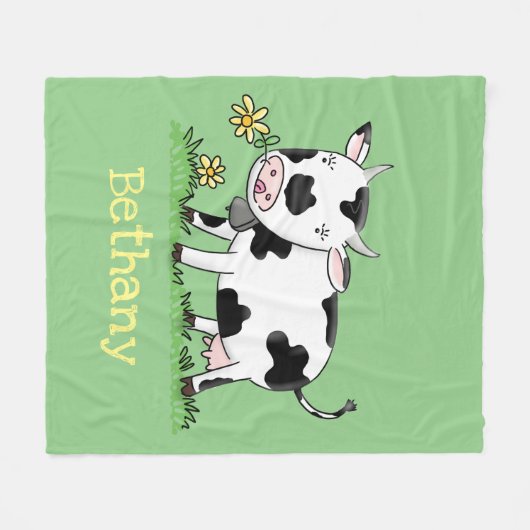 かわいい牛の緑のフィールド漫画イラストレーション フリースブランケット (正面(横))