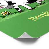 かわいい牛の緑のフィールド漫画イラストレーション ポスター (角)