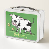 かわいい牛の緑のフィールド漫画イラストレーション メタルランチボックス (正面)