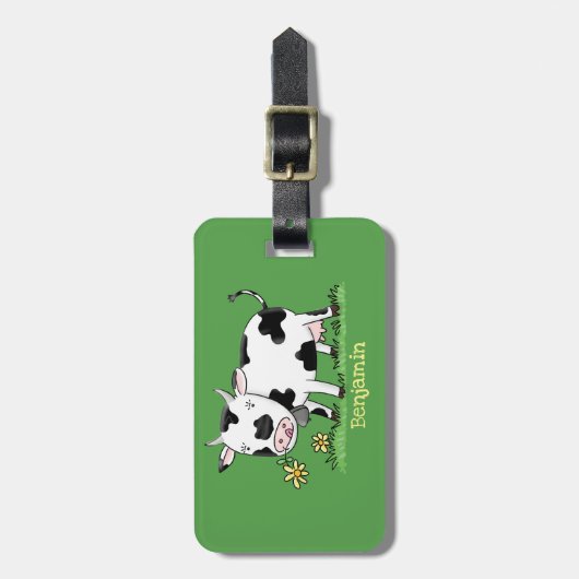 かわいい牛の緑のフィールド漫画イラストレーション ラゲッジタグ (正面縦)