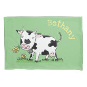 かわいい牛の緑のフィールド漫画イラストレーション 枕カバー (正面)