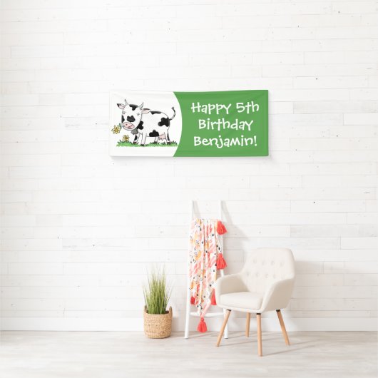 かわいい牛の緑のフィールド漫画イラストレーション 横断幕 (インサイチュ)