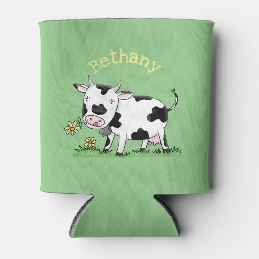 かわいい牛の緑のフィールド漫画イラストレーション 缶クーラー (正面)