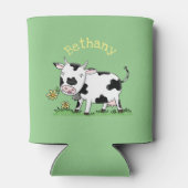 かわいい牛の緑のフィールド漫画イラストレーション 缶クーラー (裏面)