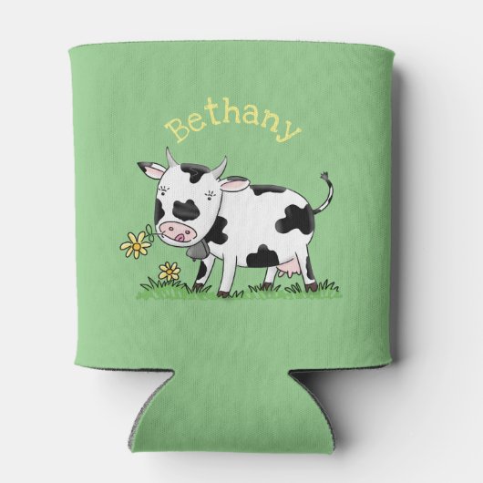 かわいい牛の緑のフィールド漫画イラストレーション 缶クーラー (裏面)