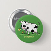 かわいい牛の緑のフィールド漫画イラストレーション 缶バッジ (正面&裏面)