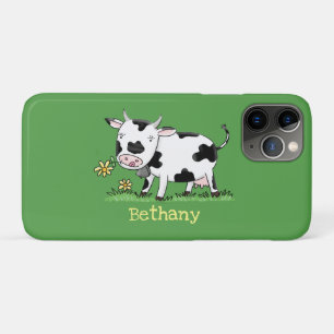 かわいい牛の緑のフィールド漫画イラストレーション iPhone 11 PROケース