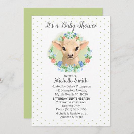 かわいい牛の緑の中性フローラベビーシャワー 招待状 (正面/裏面)
