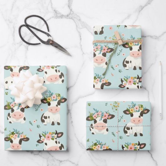 かわいい牛の花リースギフトラップすべてのイベント ラッピングペーパーシート (正面)