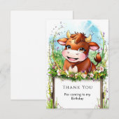 かわいい牛の誕生日カード（子供用） サンキューカード (正面/裏面)