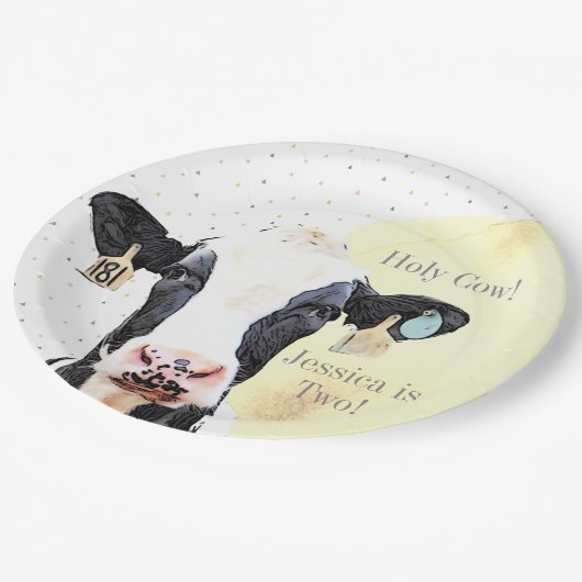 かわいい牛の野生動物イエロー2nd誕生日パーティー ペーパープレート (アングル)