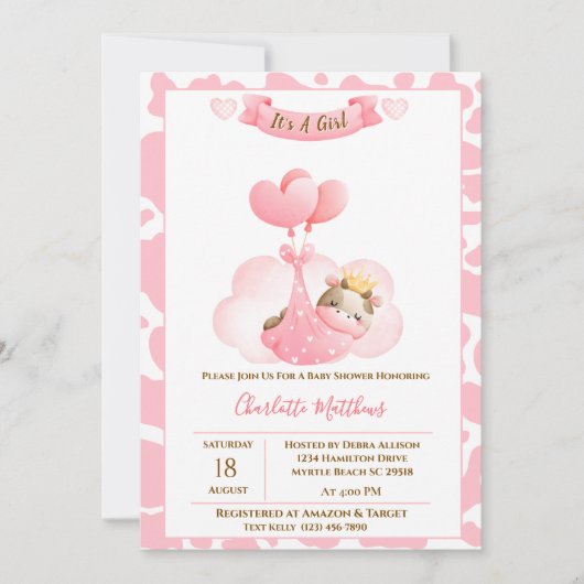 かわいい牛の雲バルーン赤ちゃんシャワー招待状 招待状 (正面)