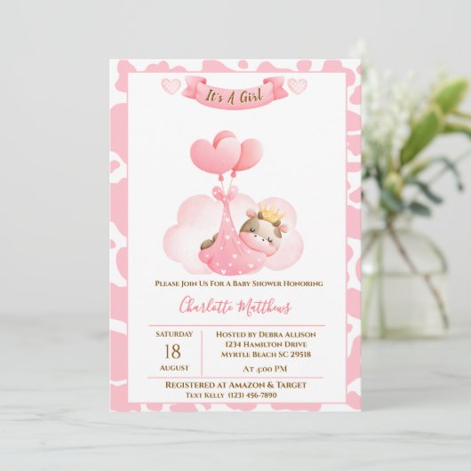 かわいい牛の雲バルーン赤ちゃんシャワー招待状 招待状 (スタンド正面)