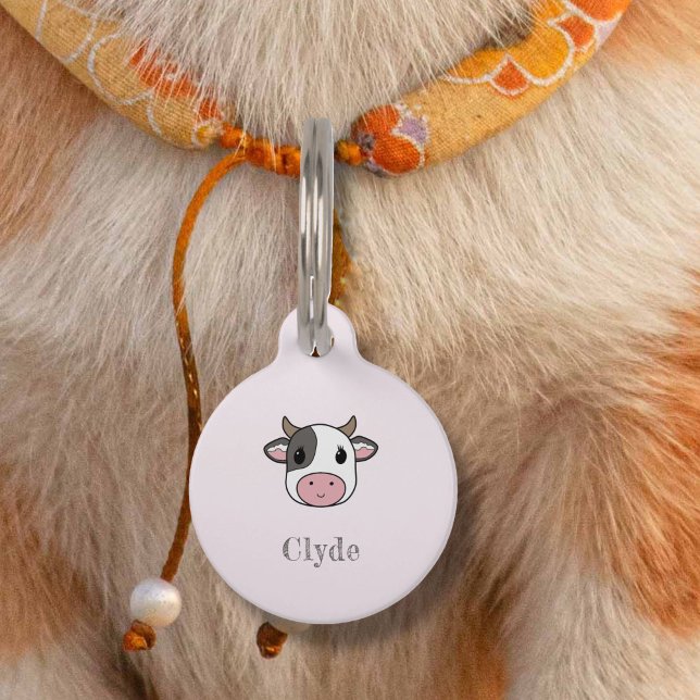 かわいい牛の顔ピンクペットタグ ペット　ネームタグ (Cute Cow Face Pink Pet Tag)