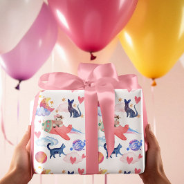 かわいい牛の飛行機，宇宙，猫，月お洒落, ラッピングペーパー