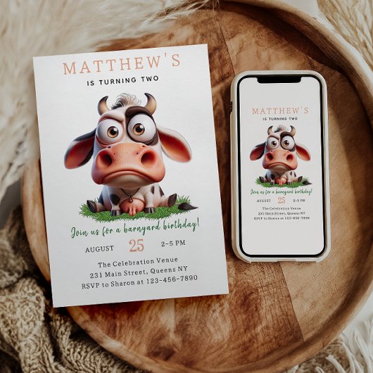 かわいい牛の飼育動物2nd誕生日パーティー 招待状