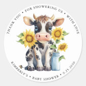 かわいい牛ひまわりシンプル花モダン農園ベイビーシャワー ラウンドシール (正面)