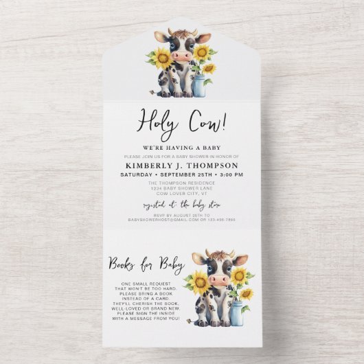 かわいい牛ひまわりモダンシンプルファームベイビーシャワー オールインワン招待状 (内側)