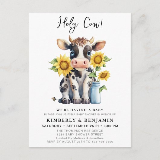 かわいい牛ひまわりモダンファームのカップル赤ちゃんシャワー インビテーションポストカード (正面)