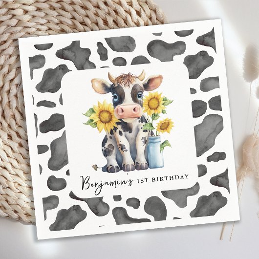 かわいい牛ひまわりモダンファーム動物1歳の誕生日 スタンダードカクテルナプキン