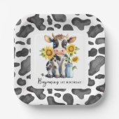 かわいい牛ひまわりモダンファーム動物1歳の誕生日 ペーパープレート (正面)