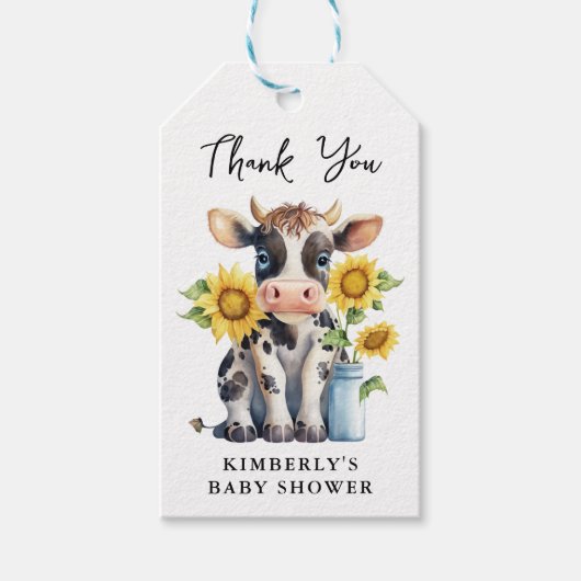かわいい牛ひまわりモダン花シンプル農園ベイビーシャワー ギフトタグ (正面)