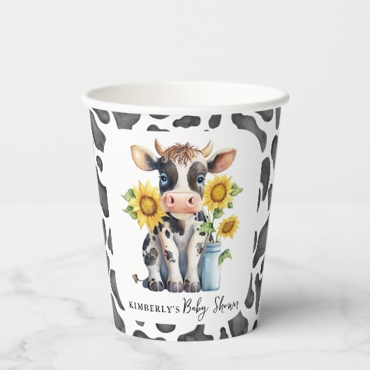 かわいい牛ひまわりモダン花シンプル農園ベイビーシャワー 紙コップ (裏面)