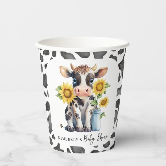 かわいい牛ひまわりモダン花シンプル農園ベイビーシャワー 紙コップ (正面)