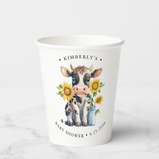 かわいい牛ひまわりモダン花シンプル農園ベイビーシャワー 紙コップ (裏面)