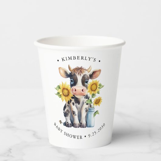 かわいい牛ひまわりモダン花シンプル農園ベイビーシャワー 紙コップ (正面)