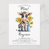 かわいい牛ひまわりモダン花ファーム動物誕生日 インビテーションポストカード (正面)