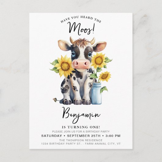 かわいい牛ひまわりモダン花ファーム動物誕生日 インビテーションポストカード (正面)