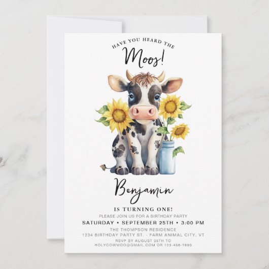 かわいい牛ひまわりモダン花ファーム動物誕生日 招待状 (正面)