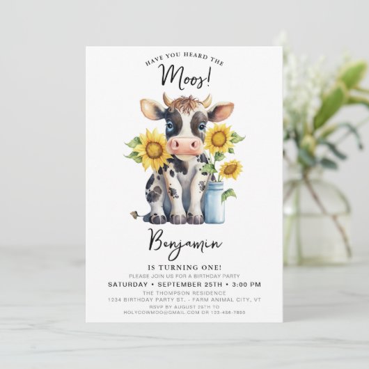 かわいい牛ひまわりモダン花ファーム動物誕生日 招待状 (スタンド正面)