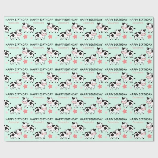 かわいい牛スターキッズネームグリーン誕生日 ラッピングペーパー (フラット)