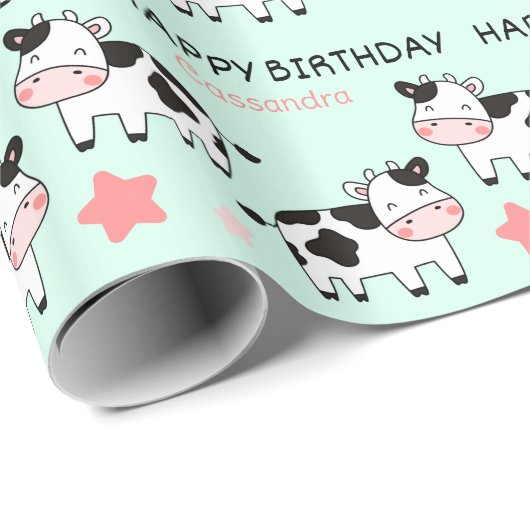 かわいい牛スターキッズネームグリーン誕生日 ラッピングペーパー (ロールコーナー)