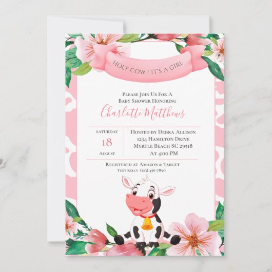 かわいい牛ピンクの水の色のフローラ赤ちゃんシャワー 招待状 (正面)