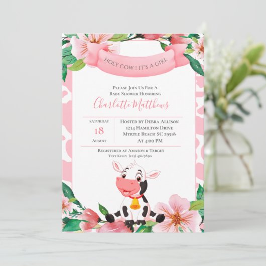 かわいい牛ピンクの水の色のフローラ赤ちゃんシャワー 招待状 (スタンド正面)