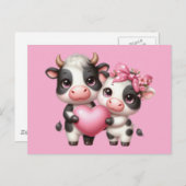 かわいい牛ピンクハート ポストカード (正面/裏面)