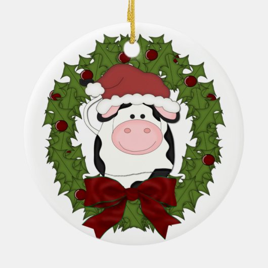 かわいい牛リースのクリスマスの休日の木のオーナメント セラミックオーナメント (裏面)