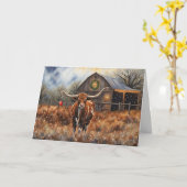 かわいい牛ロングホーン クリスマス ホリデー カード (黄色い花)