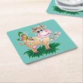 かわいい牛及び蝶 スクエアペーパーコースター (アングル)